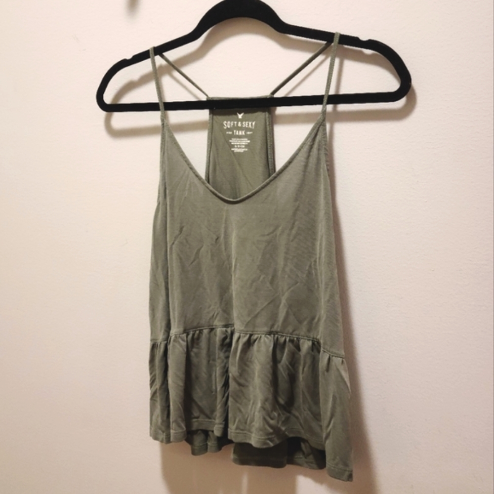 Olive/Sage Green Vneck Tank Top S American Eagle Soft & Sexy Peplum - Picture 1 of 16